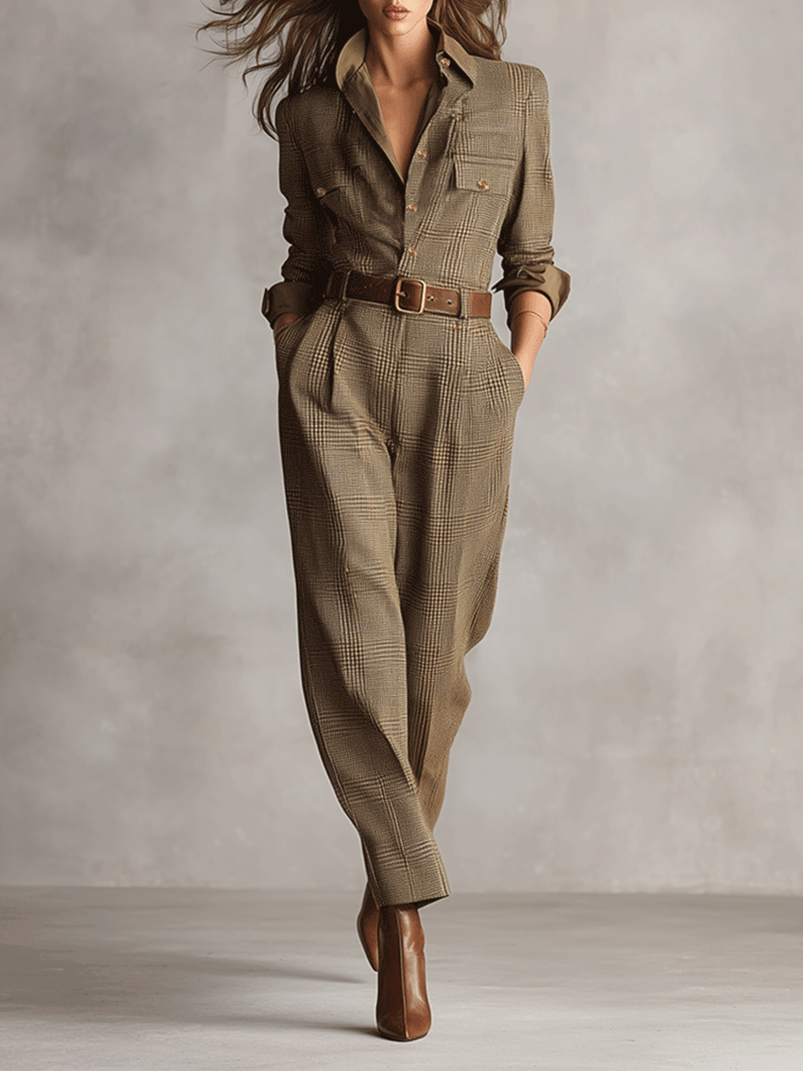 Women's Brown Tweed Plaid Utility Jumpsuit – House of Velari