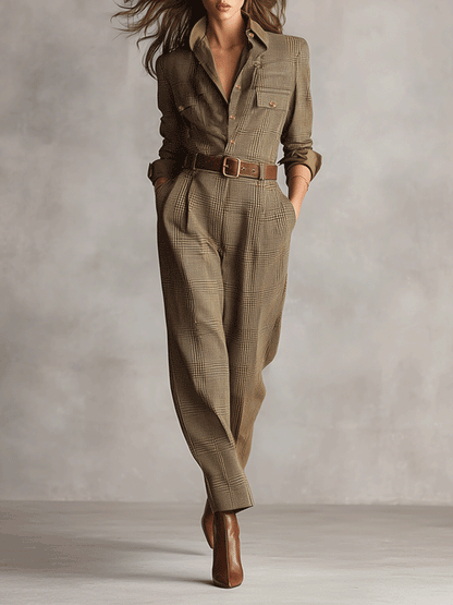 Women's Brown Tweed Plaid Utility Jumpsuit – House of Velari
