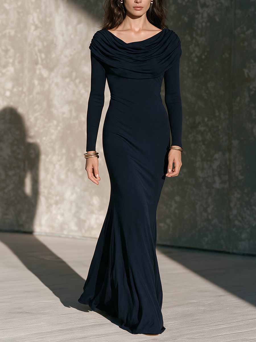 Women's Long-Sleeve Knit Maxi Dress with Ruched High Neck – House of Velari