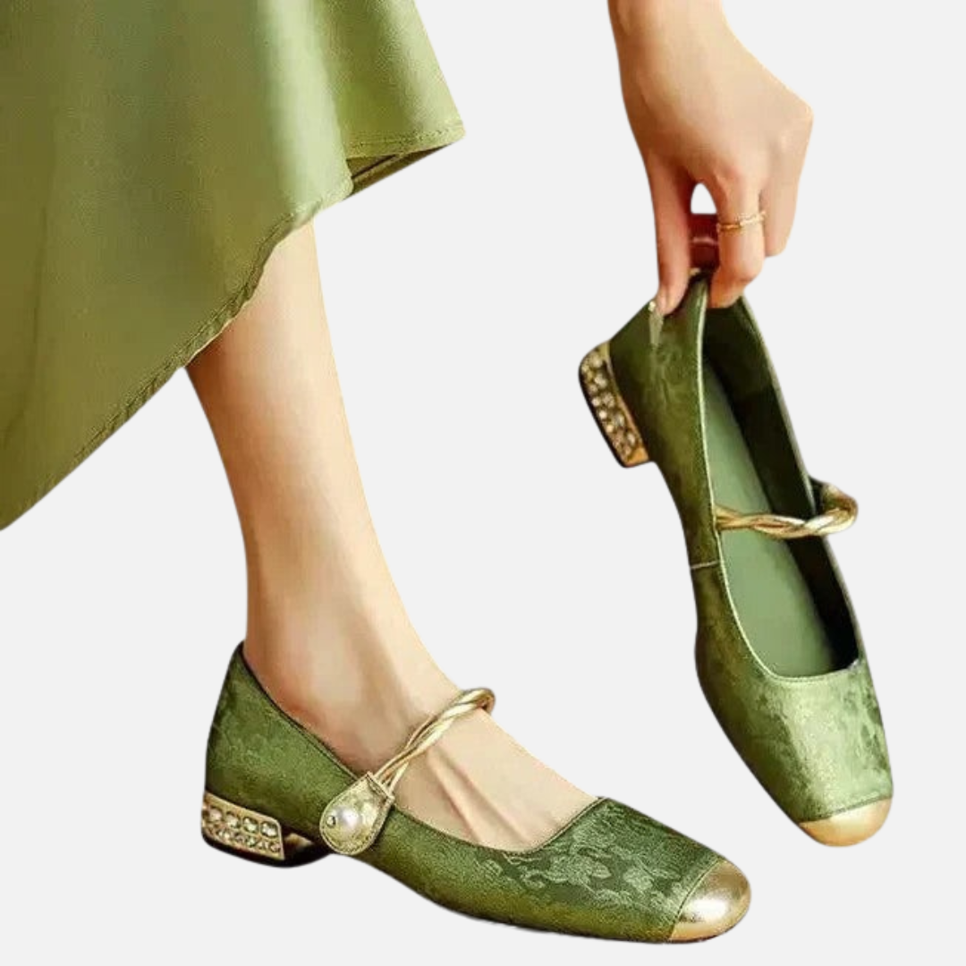 Women's Velvet Mary Jane Flats – Square Toe Pearl Heel – House of Velari