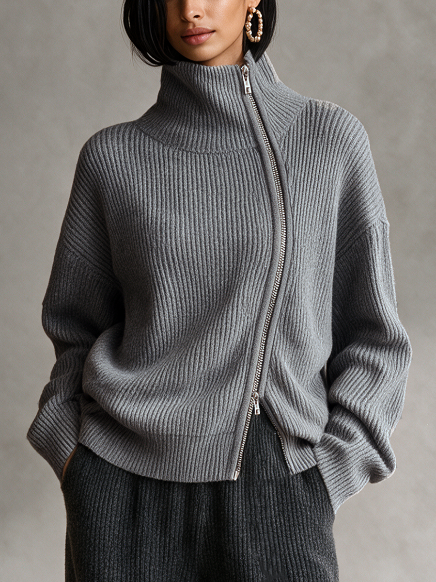 Women's Gray Diagonal‑Zip Funnel Neck Knit Sweater – House of Velari