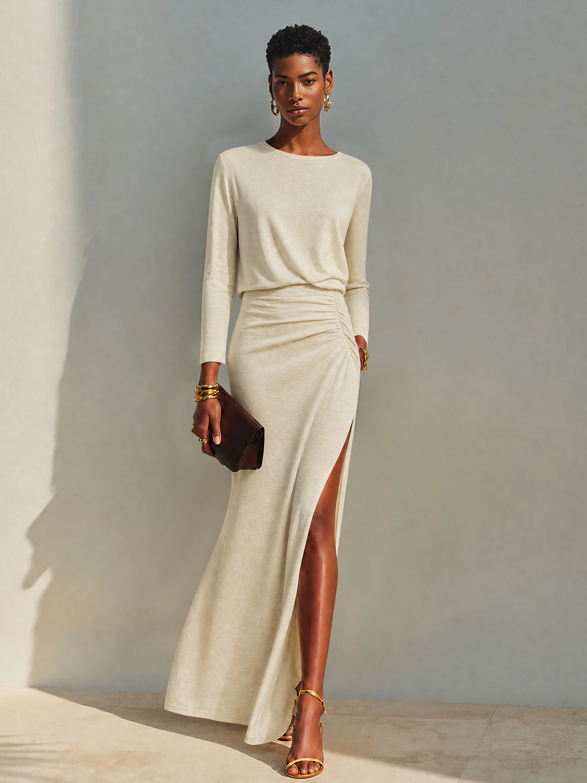 Women's Beige Cotton Ruched Slit Maxi Dress – House of Velari