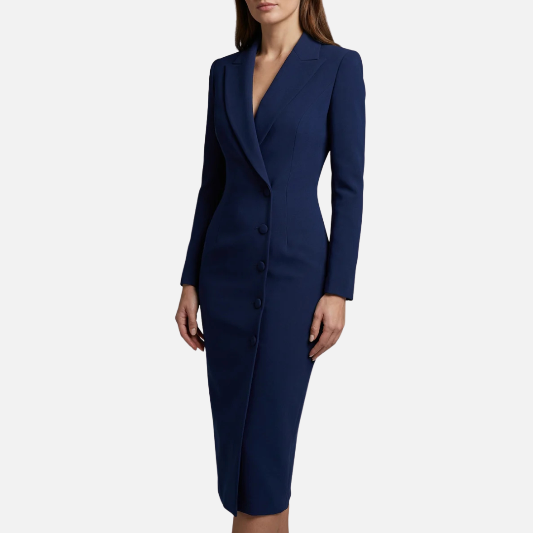 Women's Tailored Blazer Midi Dress – Single Button V-Neck Long Sleeve Work Dress – House of Velari