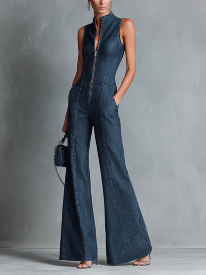 Women's Blue Denim High Neck Sleeveless Jumpsuit – House of Velari