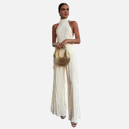 Women's Halter-Neck Pleated Wide-Leg Jumpsuit - Wedding Guest Dress