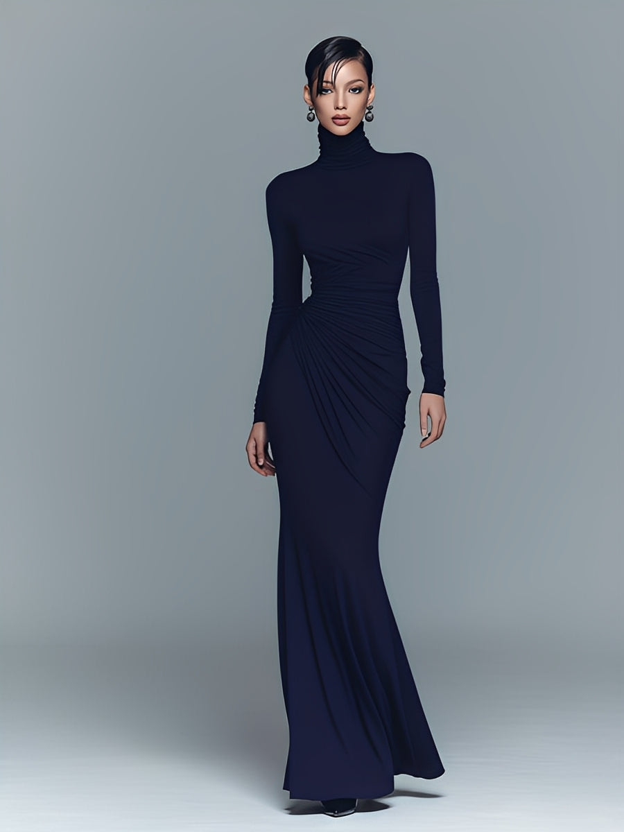 Women's Navy Cotton Turtleneck Maxi Dress – House of Velari