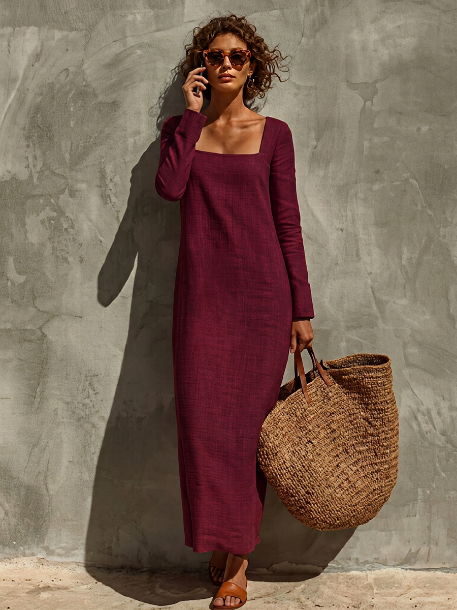 Women's Linen Square Neck Long Sleeve Dress – House of Velari