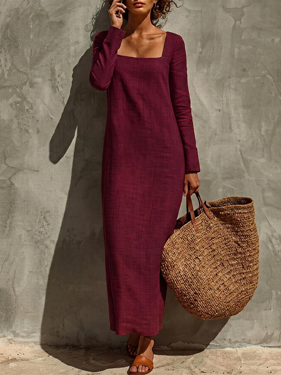 Women's Linen Square Neck Long Sleeve Dress – House of Velari