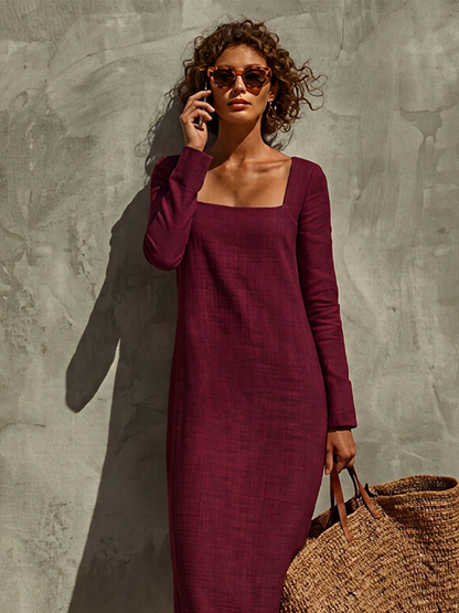 Women's Linen Square Neck Long Sleeve Dress – House of Velari