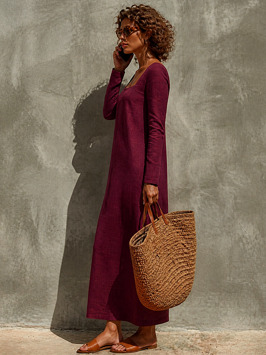 Women's Linen Square Neck Long Sleeve Dress – House of Velari
