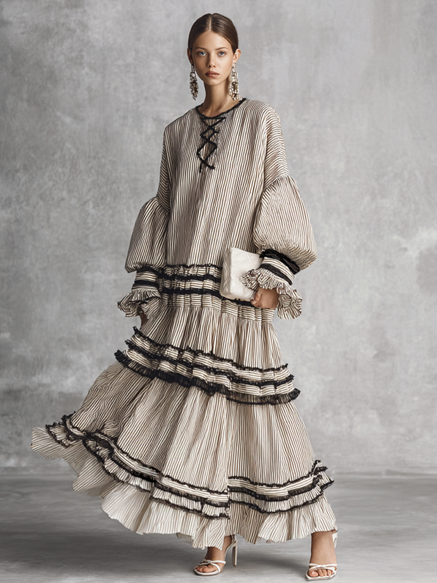Women's Cotton Long Sleeve Tiered Striped Maxi Dress – House of Velari