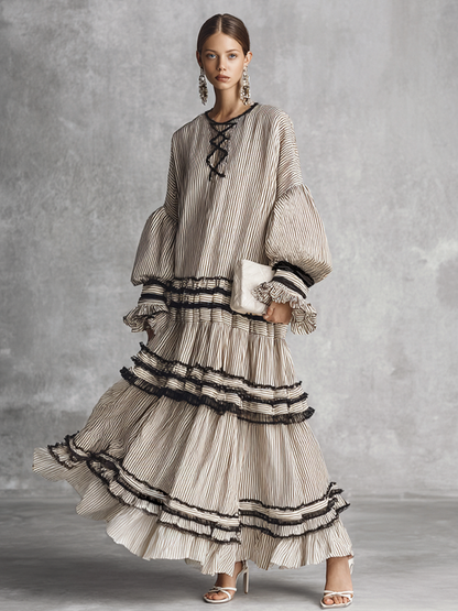 Women's Cotton Long Sleeve Tiered Striped Maxi Dress – House of Velari