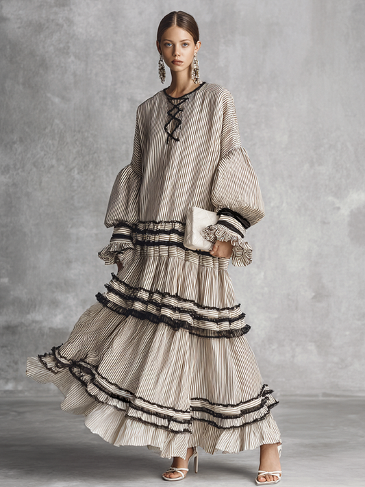 Women's Cotton Long Sleeve Tiered Striped Maxi Dress – House of Velari