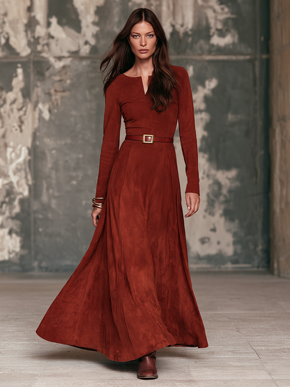 Women's Long-Sleeve Suede Maxi Dress with V-Neck – House of Velari