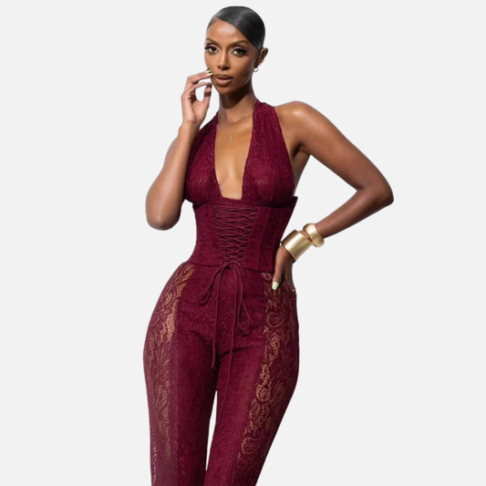 Women's Lace Halter Jumpsuit – Corset Style Sheer Panel Evening Suit – House of Velari