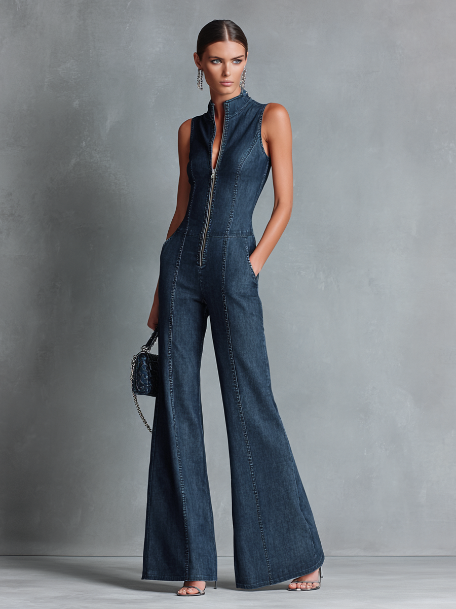 Women's Blue Denim High Neck Sleeveless Jumpsuit – House of Velari