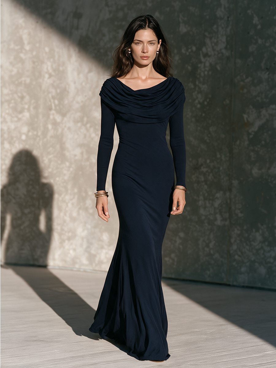 Women's Long-Sleeve Knit Maxi Dress with Ruched High Neck – House of Velari