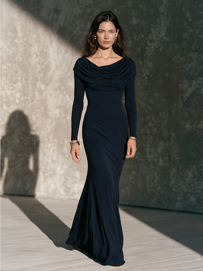 Women's Long-Sleeve Knit Maxi Dress with Ruched High Neck – House of Velari