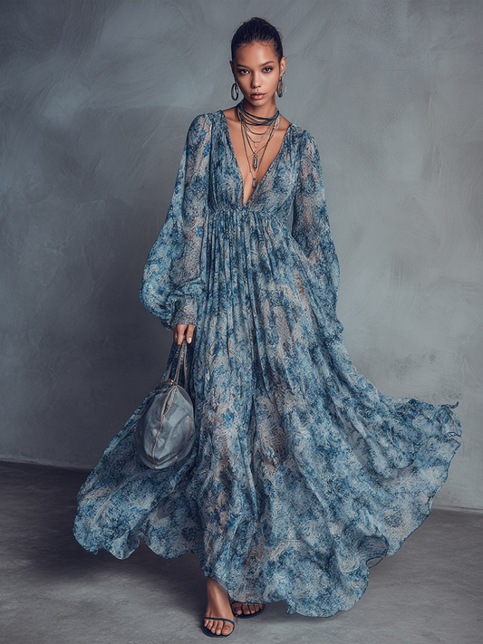 Women's Blue Chiffon Floral Print Maxi Dress – House of Velari