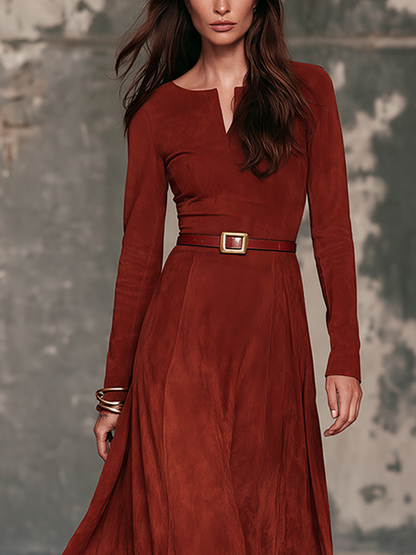 Women's Long-Sleeve Suede Maxi Dress with V-Neck – House of Velari