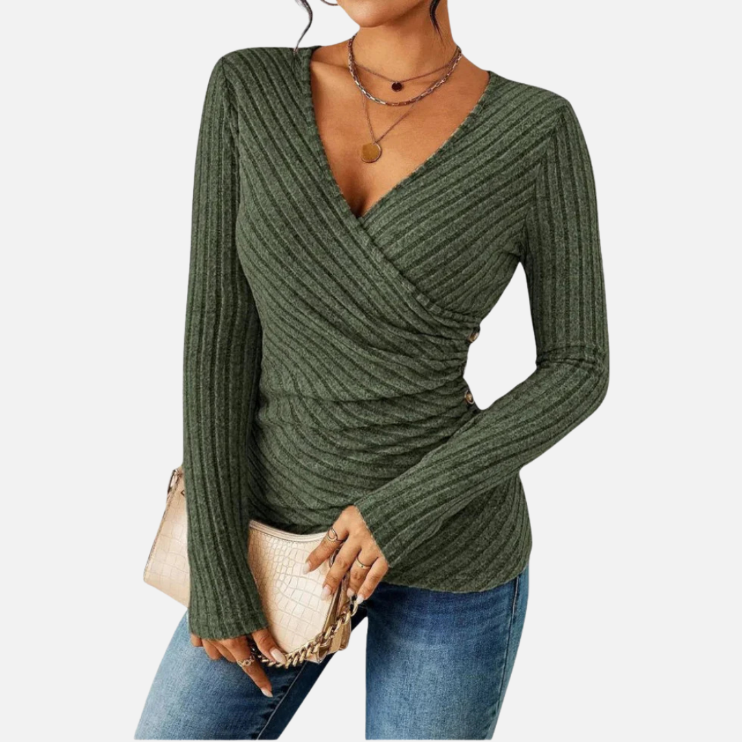 Women's Ribbed Wrap-Front Top – Long Sleeve V-Neck Blouse – House of Velari