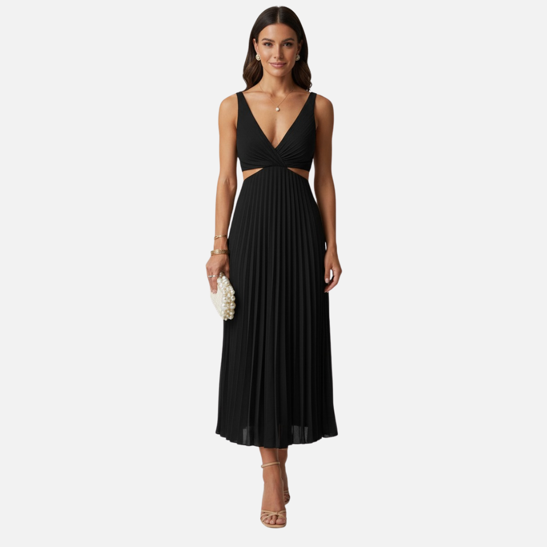 Women's Pleated V-Neck Midi Dress - Wedding Guest