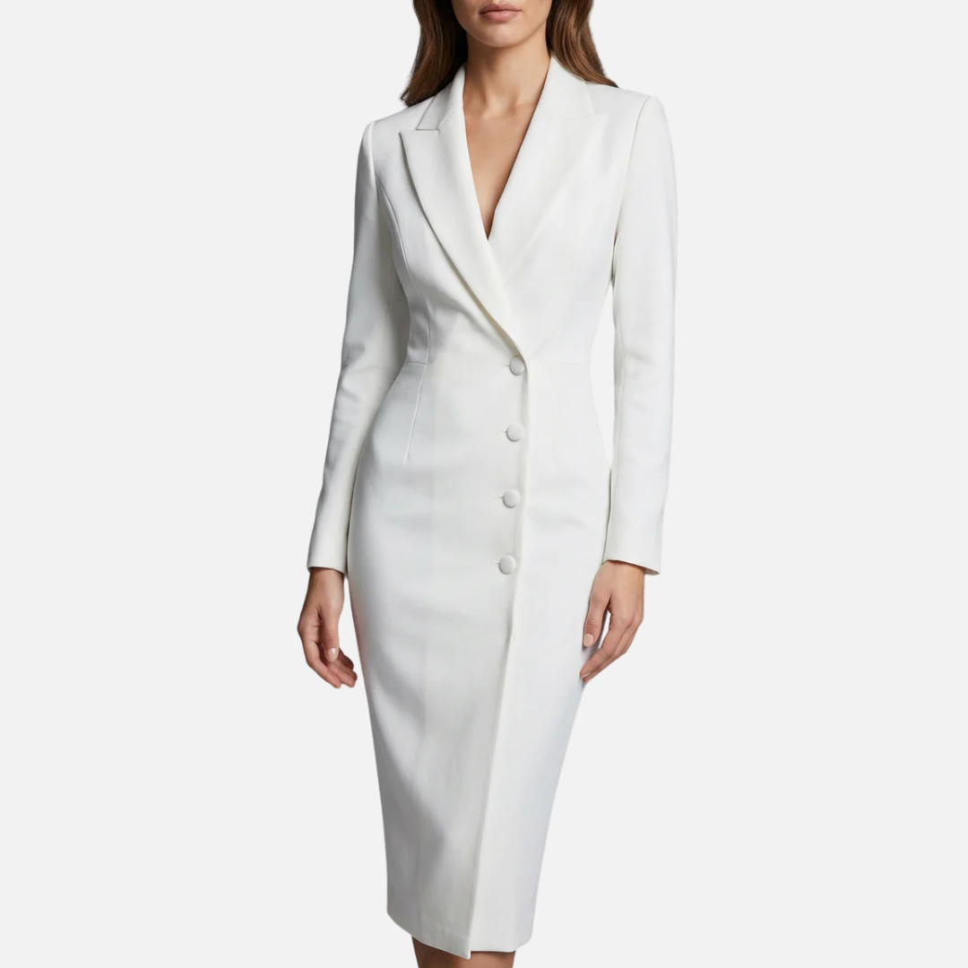 Women's Tailored Blazer Midi Dress – Single Button V-Neck Long Sleeve Work Dress – House of Velari
