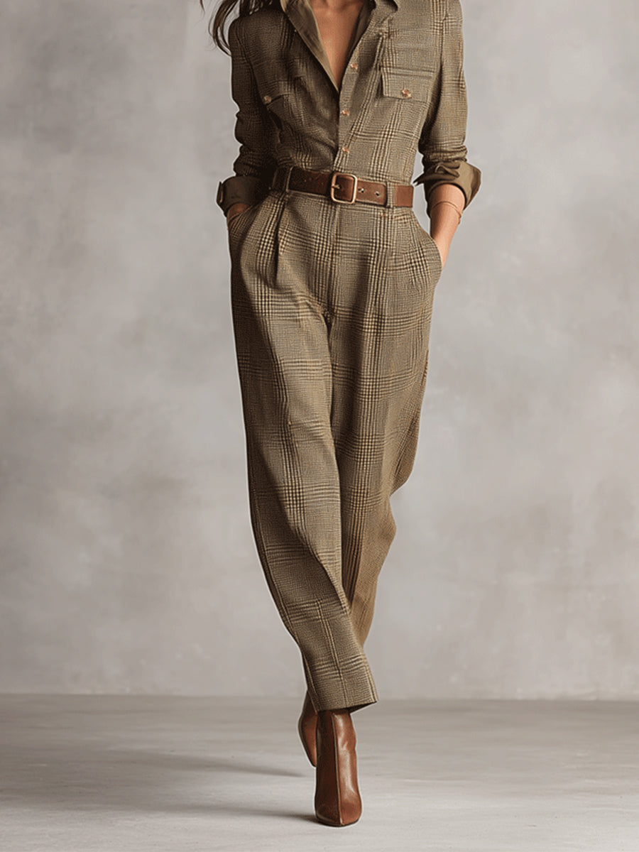 Women's Brown Tweed Plaid Utility Jumpsuit – House of Velari