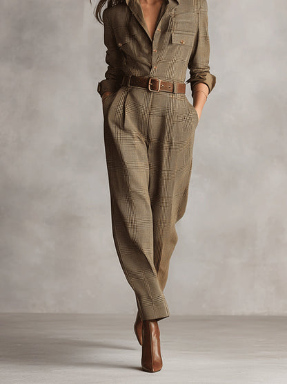 Women's Brown Tweed Plaid Utility Jumpsuit – House of Velari