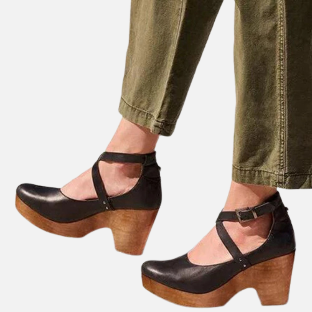 Women's Leather Mary Jane Clogs – Retro Platform Heel Ankle Strap Shoes – House of Velari