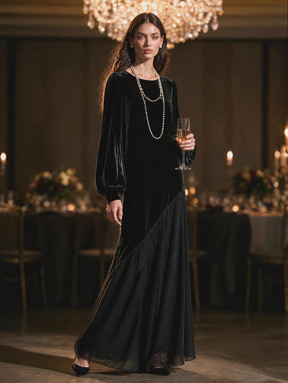 Women's Black Round-Neck Blouson-Sleeve Velvet-and-Chiffon Asymmetric Full-Skirt Maxi Dress – House of Velari