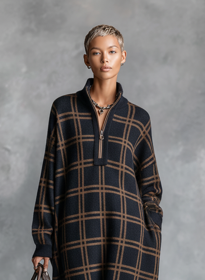 Women's Knit Zipper Plaid Maxi Dress – House of Velari