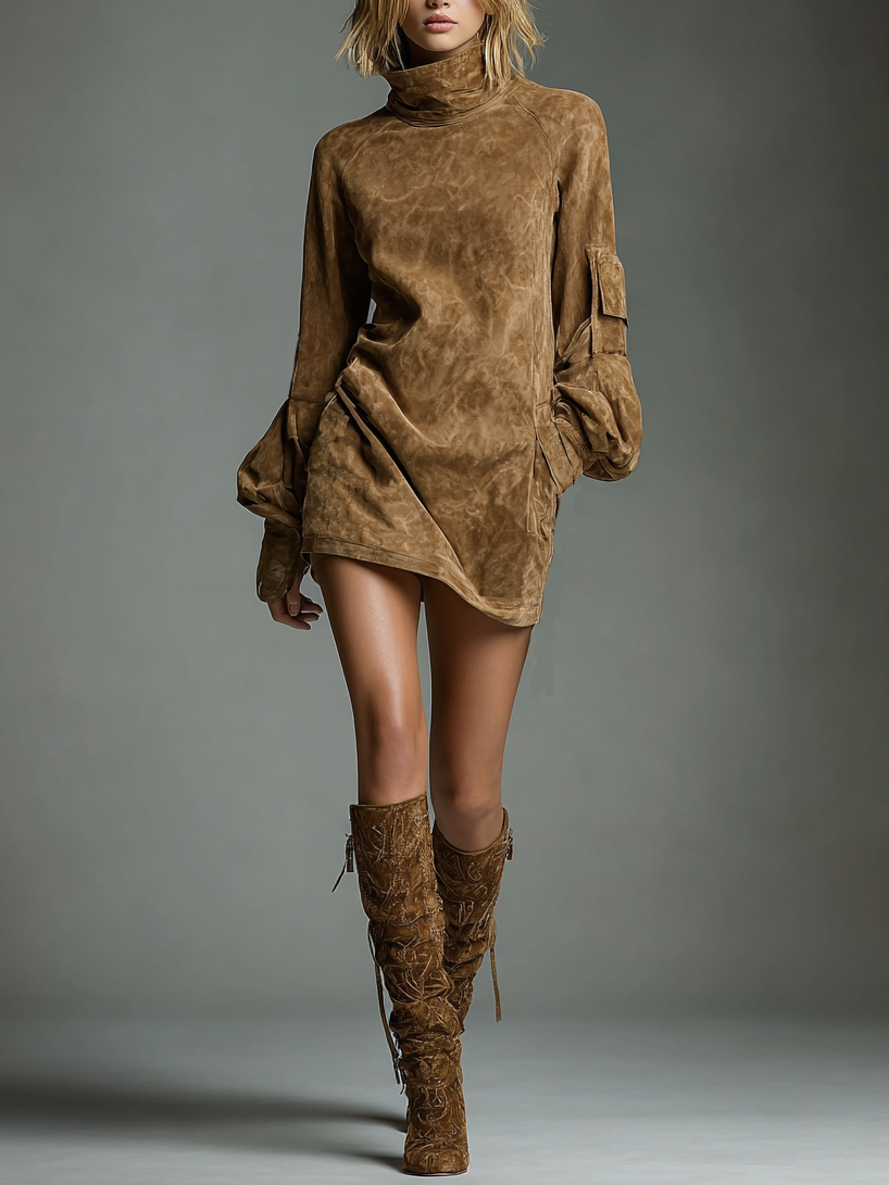 Women's Suede Turtleneck Vintage Mini Dress – House of Velari