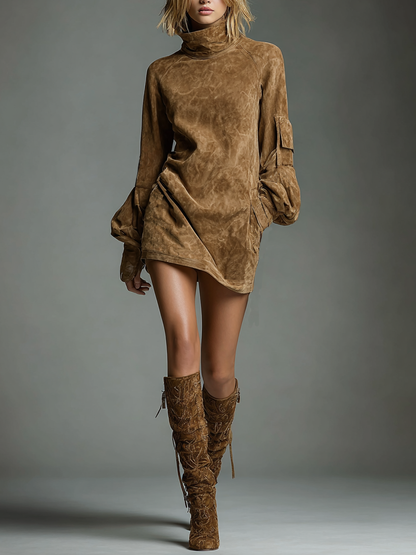 Women's Suede Turtleneck Vintage Mini Dress – House of Velari