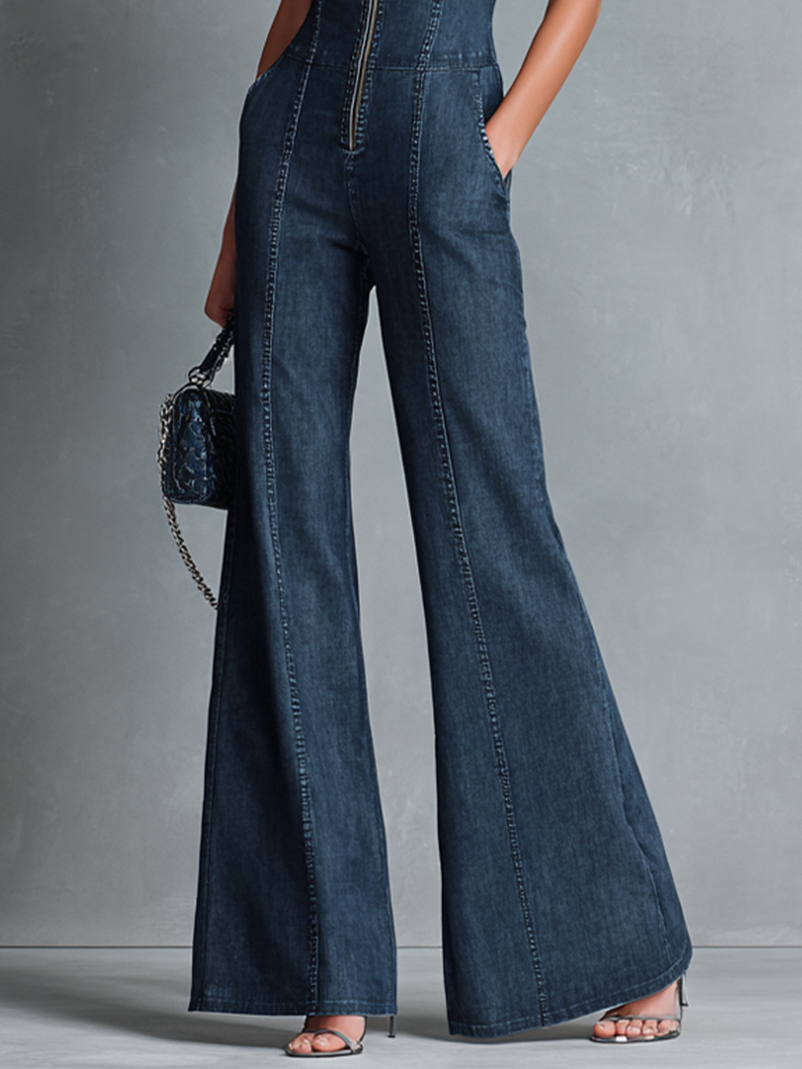 Women's Blue Denim High Neck Sleeveless Jumpsuit – House of Velari