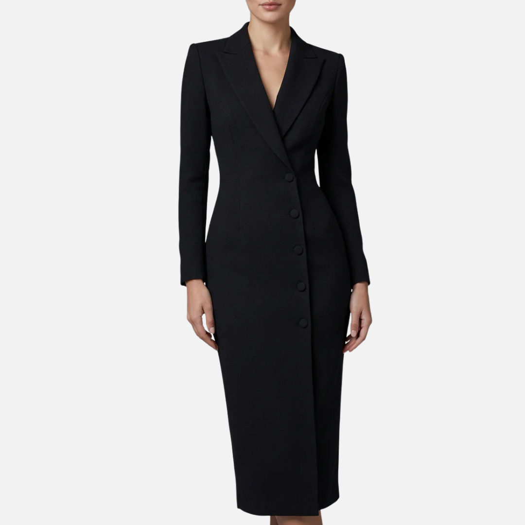 Women's Tailored Blazer Midi Dress – Single Button V-Neck Long Sleeve Work Dress – House of Velari