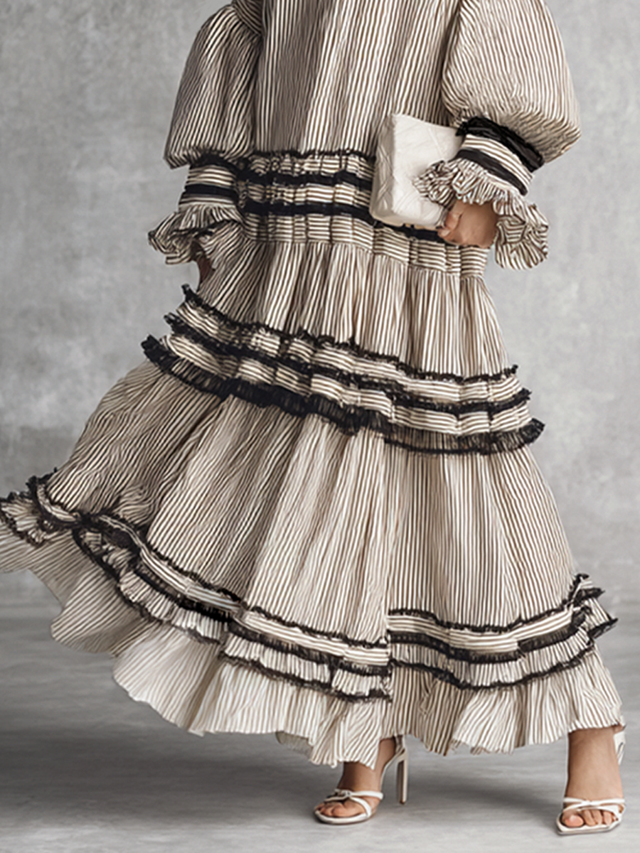 Women's Cotton Long Sleeve Tiered Striped Maxi Dress – House of Velari