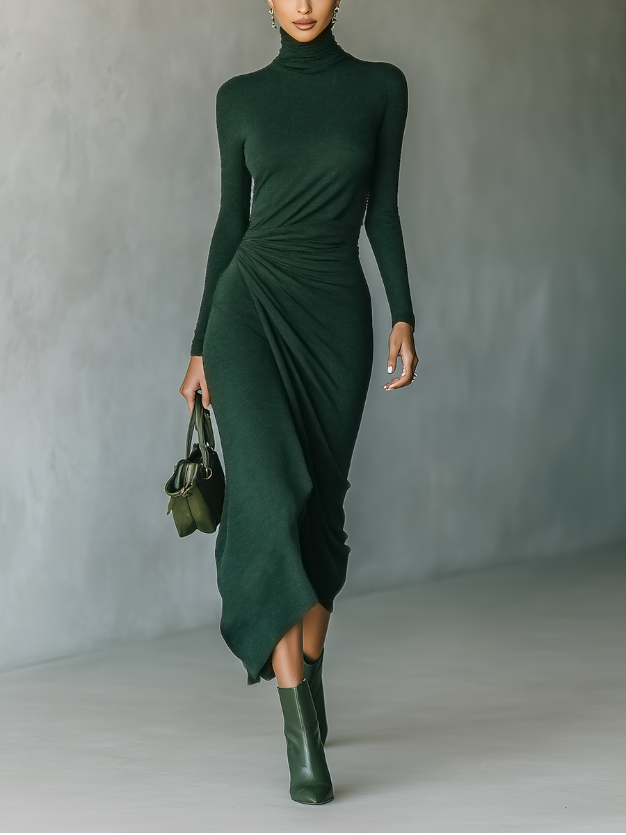 Women's Green Knit High Neck Wrap Midi Dress – House of Velari