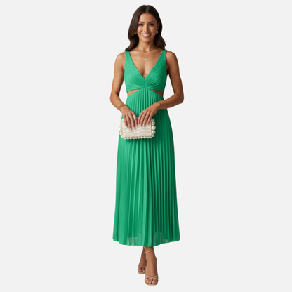 Women's Pleated V-Neck Midi Dress - Wedding Guest