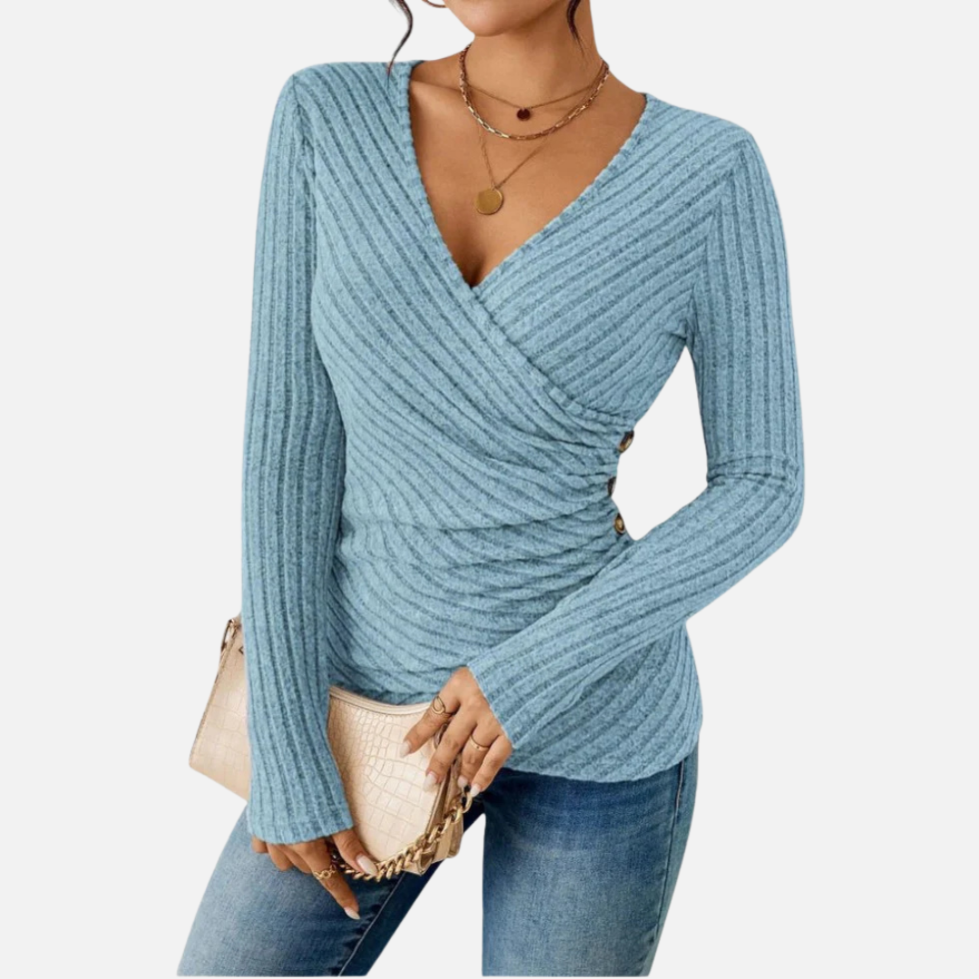 Women's Ribbed Wrap-Front Top – Long Sleeve V-Neck Blouse – House of Velari