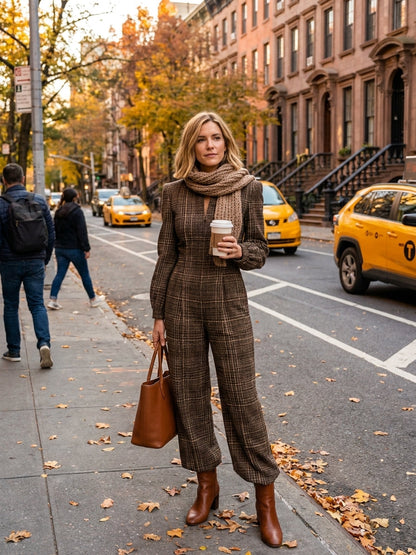 Women's Vintage Plaid Woolen Stand Collar Wide Leg Jumpsuit Long Sleeve Jumpsuit – House of Velari