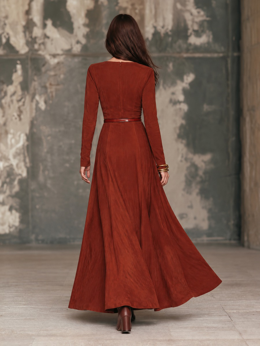Women's Long-Sleeve Suede Maxi Dress with V-Neck – House of Velari