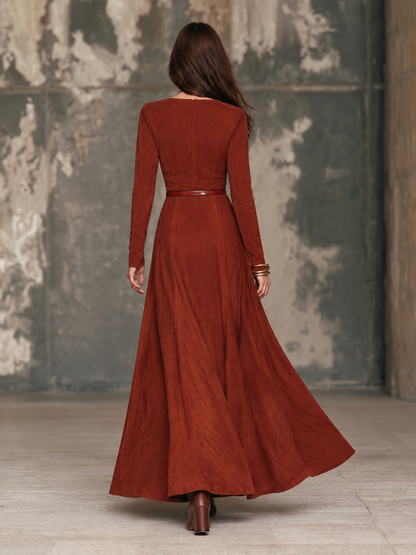 Women's Long-Sleeve Suede Maxi Dress with V-Neck – House of Velari