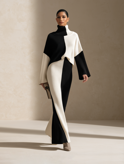 Women's black and white colorblock ribbed knit maxi set featuring a high turtleneck, long sleeves, and a sleek, floor-length silhouette.