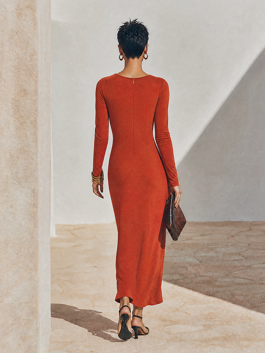 Women's Red Long Sleeve Ruched Asymmetric Maxi Dress – House of Velari