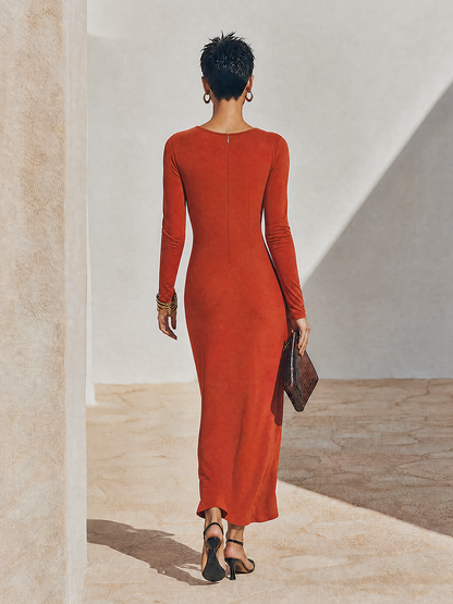 Women's Red Long Sleeve Ruched Asymmetric Maxi Dress – House of Velari