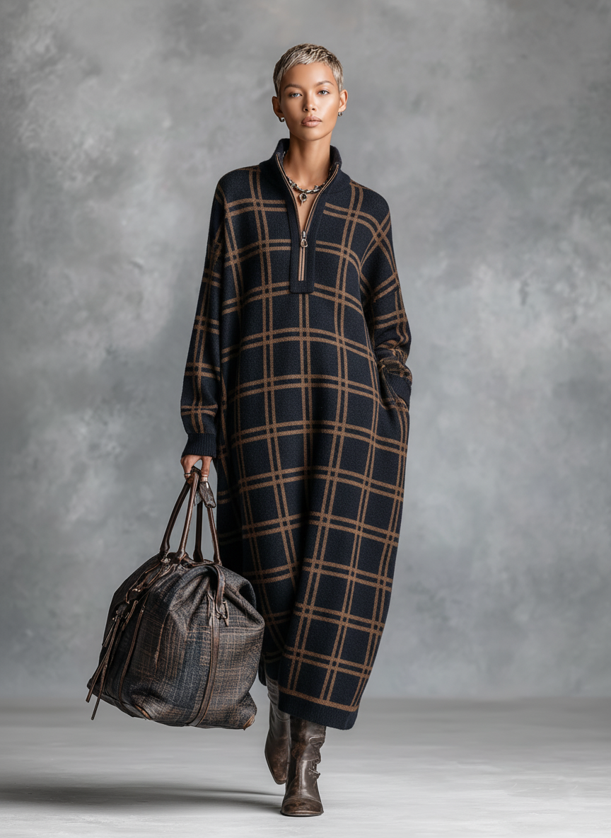 Women's Knit Zipper Plaid Maxi Dress – House of Velari