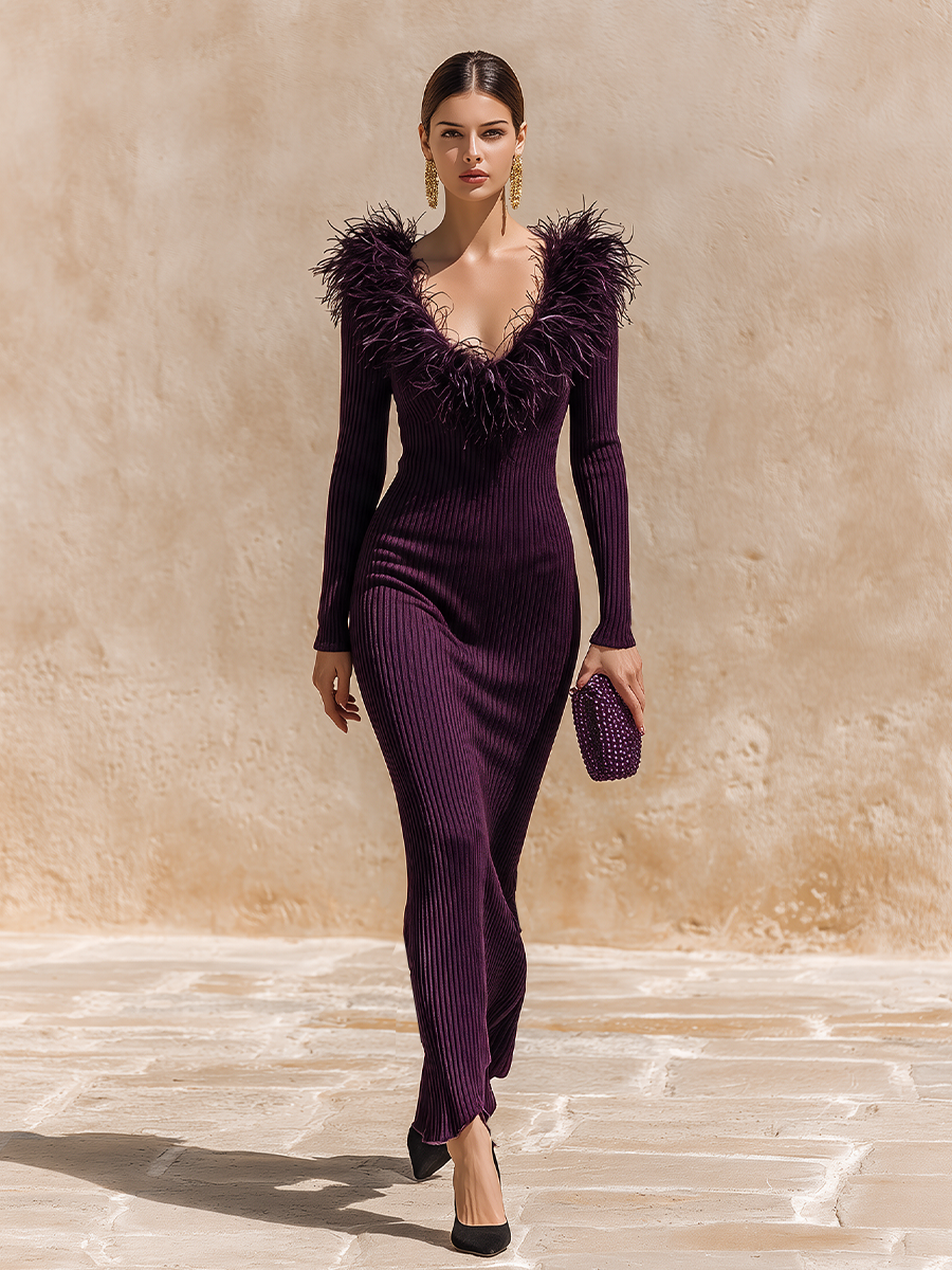 Women's Feather Trim Neck Sweater Dress – House of Velari