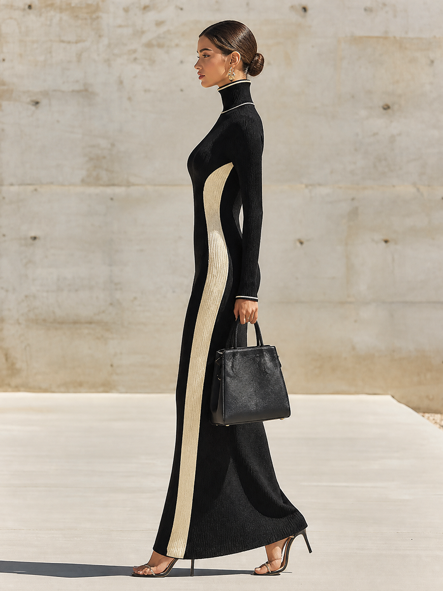 Women's Black Knit Turtleneck Long Sleeve Sweater Dress – House of Velari