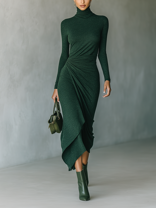 Women's Green Knit High Neck Wrap Midi Dress – House of Velari
